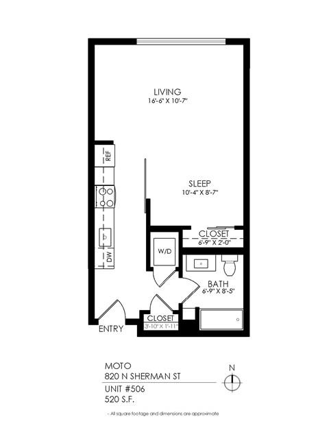 A floor plan for a motel room with a bed, a couch, a desk, and a closet.
